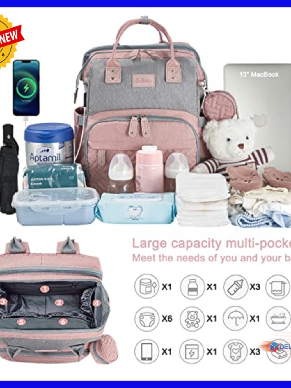 Large Capacity Diaper Backpack with Changing Station USB Port Waterproof - Picture 2 of 6